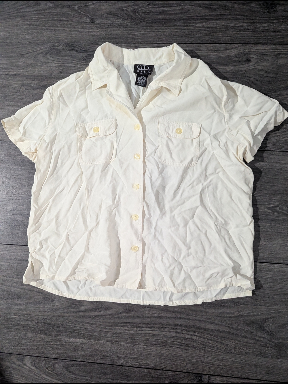 City Silk 100% Silk Cream Short-Sleeve Button Front Women's Shirt Size P/M